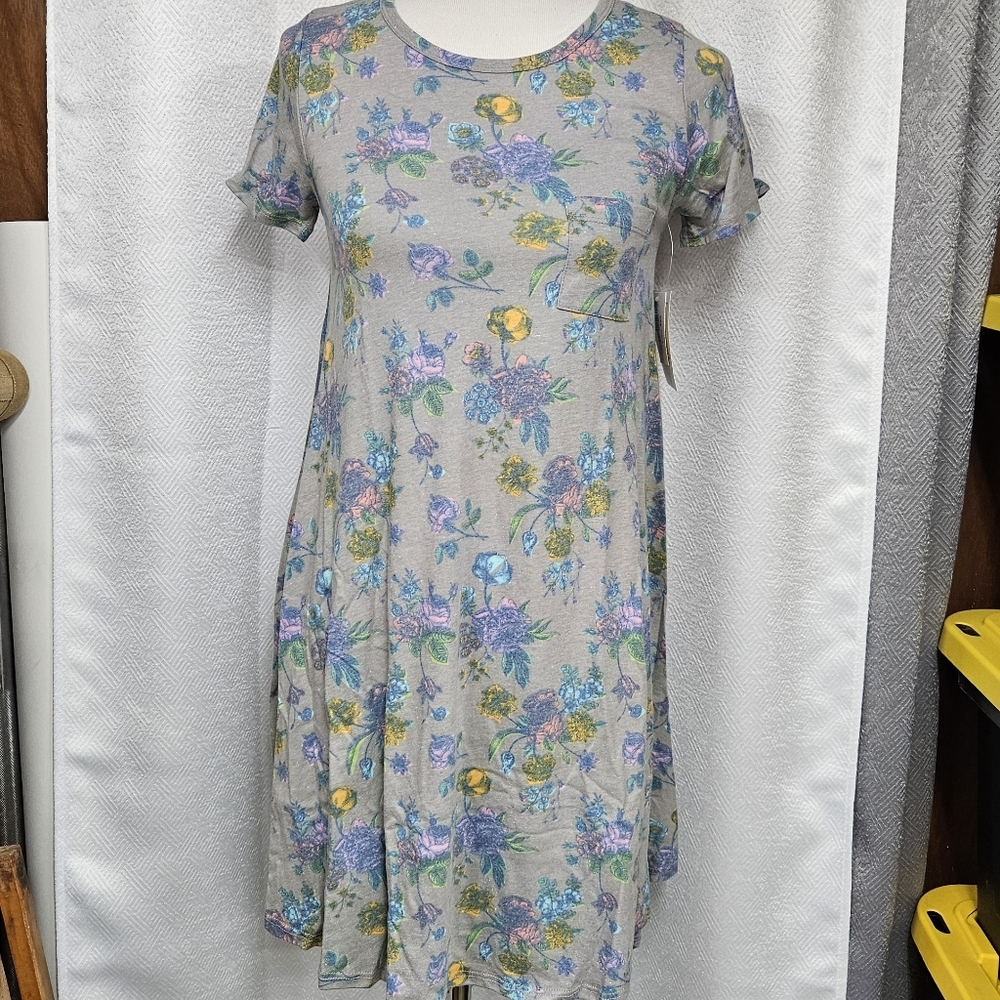LuLaRoe Carly Gray Midi Dress with Pastel Floral Print